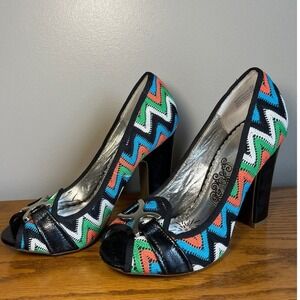 Vintage Y2K Naughty Monkey Block Heel Pumps Size 7.5 Colorful Chevron Peep Toe